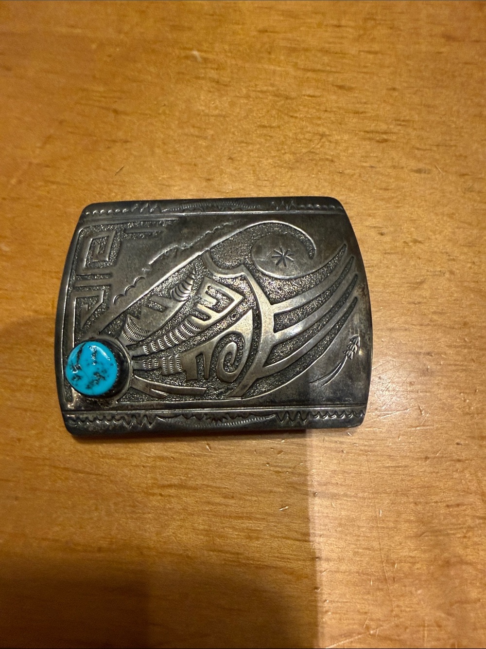 Sterling Silver Turquoise Accent Engraved Belt Buckle -m
